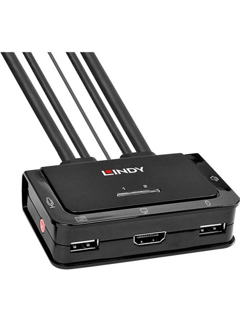 Lindy 2 portos kábel KVM kapcsoló, HDMI 4K60, USB 2.0 és audio, KVM kapcsoló