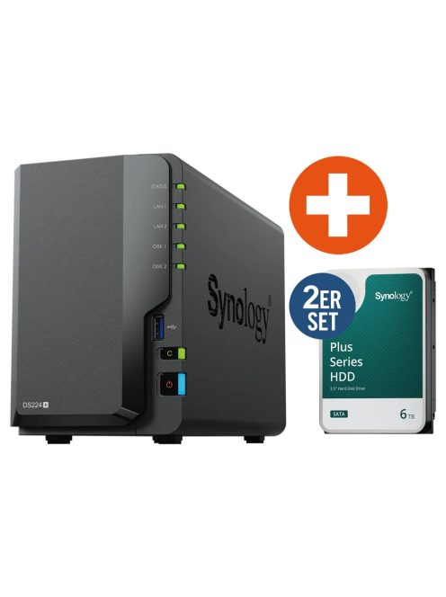 Synology DS224+ NAS rendszer 2-rekeszes 12 TB 2x 6 TB Synology HDD HAT3300-6T (DS224+_HAT3300-6T)